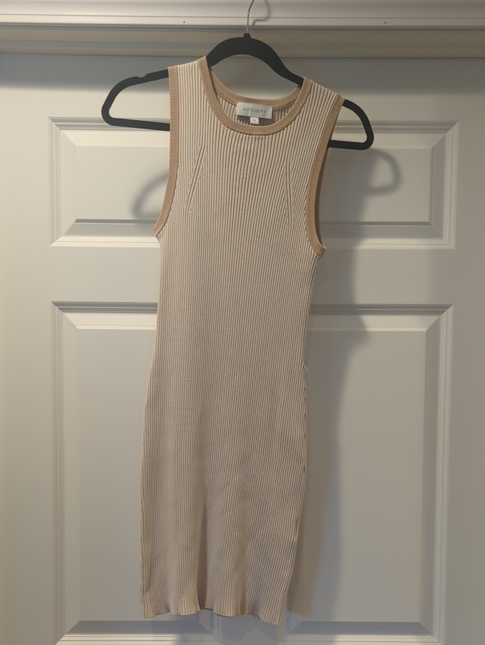 Witchery Cream Ribbed Sleeveless Knit Dress with Tan Trim